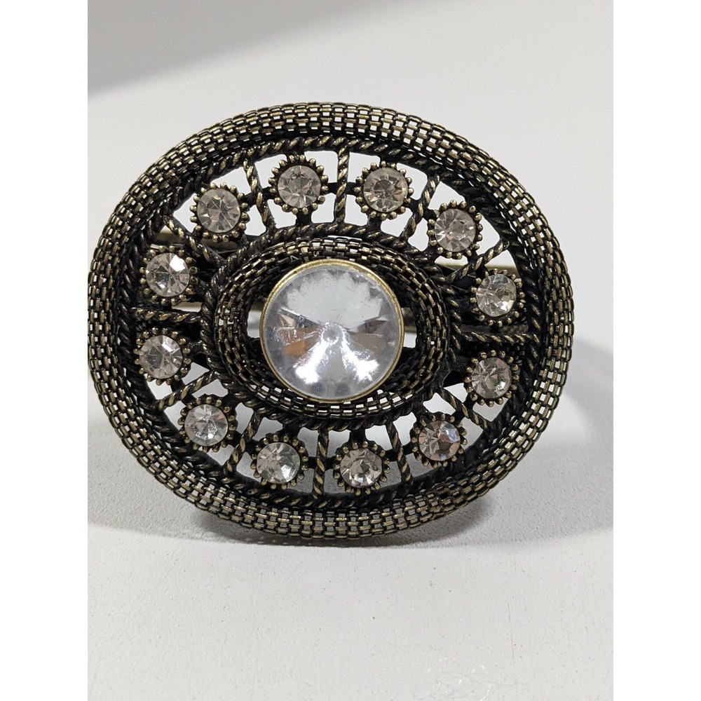 Bronze Tone Mesh Style Large Oval Rhinestone Statement Hinge Bangle Bracelet